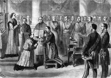 Monsignor Georges Darboy (1813-1871) archheveque Paryża składa przysięgę na ręce Napoleona III w kaplicy Tuileries w 1863 roku.
