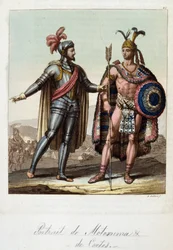 Montezuma II, król Azteków i Hernan (lub Hernando) Cortes lub Fernand Cortez (1485-1547), hiszpański konkwistador - w „Stary i współczesny kostium” Ferrario, wyd. Mediolan