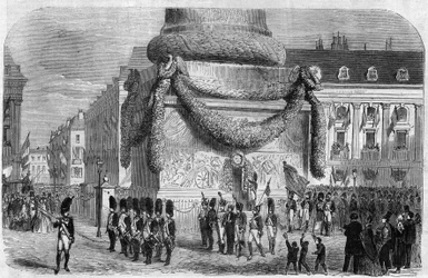 Poranek święta narodowego 15 sierpnia 1864 roku u stóp kolumny na Place Vendôme w Paryżu. Rycina w „Ilustrowanym wszechświecie”