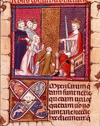 Matka i dziecko przed królem, przedstawicielka Justice Miniature zaczerpnięta z „Justiniani in Fortiatum”” XIV-wieczna Biblioteka Królewska Klasztoru Escorial (Escorial), Hiszpania