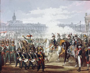 Napoleon Bonaparte (1769-1821) dokonuje przeglądu lombardzkiego i cyspadańskiego legionu milicji w dniu 07.09.1797 r. Grawerowanie akwarelowe. Mediolan, Museo del Risorgimento
