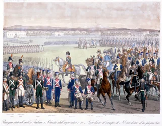 Napoleon Bonaparte dokonał przeglądu włoskiej i polskiej milicji w Montechiaro w 1805 r. Rycina z 1845 r.
