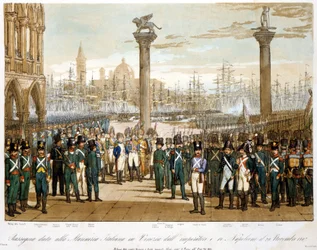 Napoleona I w Wenecji 29 listopada 1807 r. przed włoską marynarką wojenną. Rycina z 1845 r.