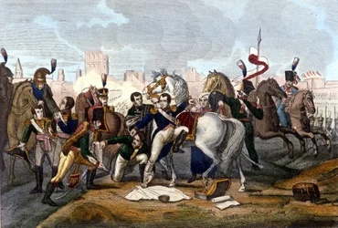 Napoleon I ranny pod Regensburgiem 23 kwietnia 1809 r. Rycina XIX wiek.