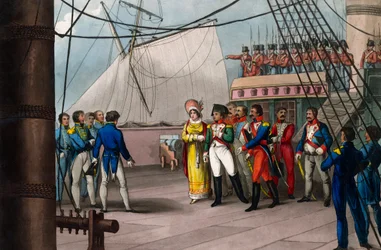 Napoleon zdaje się na brytyjską uczciwość - Napoleon Bonaparte na pokładzie Bellerophona, brytyjskiego okrętu, który 15 lipca 1815 zawiózł go na zesłanie na Wyspę Świętej Heleny (Wyspę Świętej Heleny) - Napoleon Wielki, oddający się wspaniałomyślności