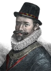 Administracja marynarki wojennej i dowódca Sir John Hawkins (1532-1595) - Portret Sir Johna Hawkinsa (Hawkyns) (1532-1595), angielskiego admirała, stoczniowca, nawigatora i handlarza niewolnikami. Rycina XIX wieku.