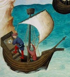 Nawigatorzy na Oceanie Indyjskim zorientowani za pomocą gwiazd i astrolabium. Miniatura w „Księdze cudów świata”, Ms. 2810, folio 188v ogłoszone przez Mistrza Egerton, napisane John (Jehan) de Mandeville (1300? 1382). Około 1410-1412. BN, Paryż