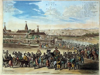 Nigeria stolica królestwa Beninu uroczyste odejście króla Houegbadja (1645-1689), w Obamey w 1680 r. Rycina od 1686 r. Paryż, sztuka afrykańska i oceaniczna.