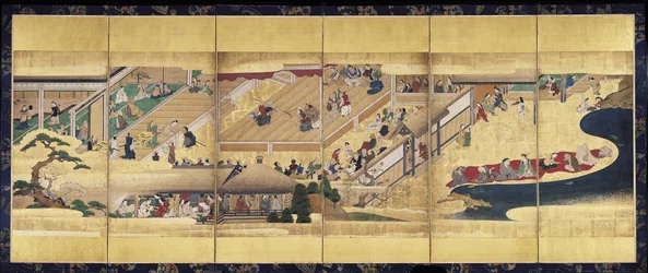 Noh Play: Funa Benkei (atrament, kolory i złoto na papierze, sześciopanelowy ekran)