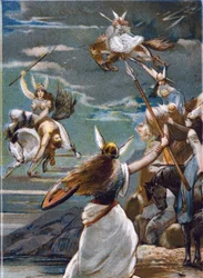 Mitologia nordycka: Walkirie (dziewice wojowniczki) w Valhollu (lub Walhalla, Valhalla, Valhalle: miejscu, do którego trafiają dzielni wojownicy) oraz upadek wojowników w bitwie. Chromolitografia z XIX wieku