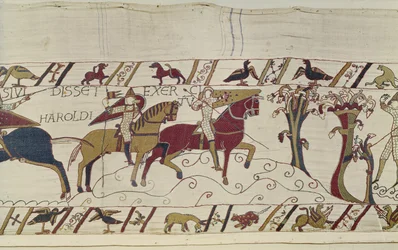 Normanowi harcerze są wysłani naprzód, aby obserwować ruchy Harolda, gobelin z Bayeux (haft z wełny na płótnie)