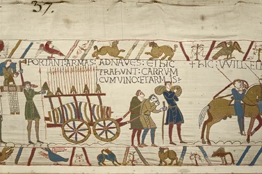 Normanowie ciągnący wóz wyładowany winem i bronią, gobelin z Bayeux (haft z wełny na płótnie)