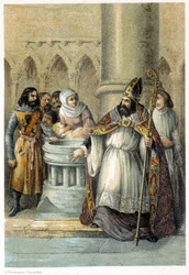 Notger (930 - 1008), wigilia Liege, podczas chrztu Ottona III (980-1002), króla Niemiec. Chromolitografia XIX wieku.