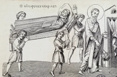 Obseque Świętego Cezara przez jego brata Saint Gregoire, greckiego doc . z IX wieku