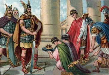 Odoaker (Odovacar, 435-493), wódz Herulów, zmusza w 476 roku do abdykacji Romulusa Augustulusa, po łacinie Flavius Romulus Augustus lub Romulus Augustulus, po włosku Romolo Augustolo (około 460-511), ostatniego cesarza zachodniorzymskiego