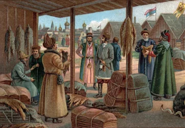 Stare Centra Handlowe: Targi Futrzarskie w Nowogrodzie (Veliky Novgorod), Rosja w XIX wieku. Chromolitografia z końca XIX wieku