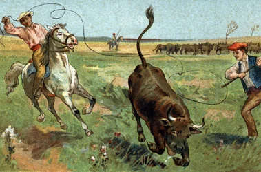 Stary zwyczaj obchodzony w regionie Prowansji: ferrada w Camargue. Chromolitografia z końca XIX wieku.
