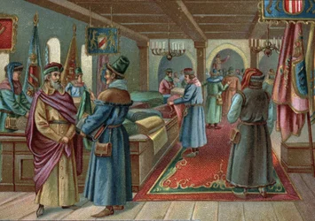 Stare centra handlowe: hala bieliźniana w Brugii, Belgia w XV wieku. Chromolitografia z końca XIX wieku
