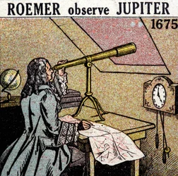 Ole Christensen Romer (Olaus Roemer), duński astronom (1644-1710) obserwuje zaćmienia satelitów Jowisza