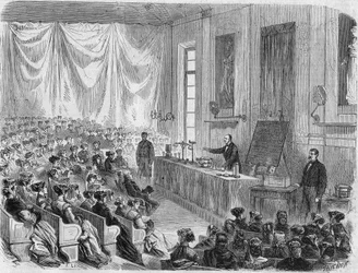 Otwarcie kursów dla młodych dziewcząt na Sorbonie w 1867 r. Grawerowanie z rysunku pana Lixa