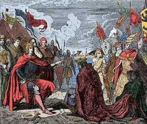 Ottokar II (1230-1278) hołd dla Rudolfa I - Ottokar II (1233-1278) król Czech, składa hołd Rodolfowi I Świętego Cesarstwa (lub Rodolfowi IV Habsburgowi) (1218-1291), po bitwie pod Marchfeldem , w 1278 -