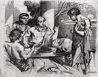Scena biesiady plenerowej - Witeliusz (Aulus Vitellius Germanicus Imperator August) Cesarz rzymski (15-69) wydający ucztę - grawer w „”Zdrowie powszechne – Poradnik medyczny dla rodzin”” 1852