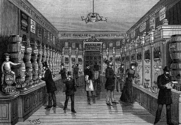 Przegląd baru z automatami przy rue Montmartre w Paryżu. Rycina w „Przyrodzie: przegląd nauk i ich zastosowania w sztuce i przemyśle” z dnia 7 listopada 1891 r.