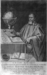 Padova Giovanni Luciano Magini (Antonius Maginus po łacinie), matematyk i astronom z XVI-XVII wieku w swoim gabinecie z urządzeniami astronomicznymi. Grawerowanie 1617.