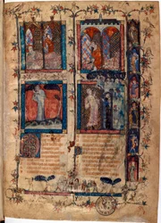Podświetlana strona zaczerpnięta z rękopisu "Le Roman de la Rose" Guillaume de Lorris (około 1200-1238) i Jean de Meun (Meung) (1240-1305) około 1353 Szwajcaria Bibliotheque de Geneve