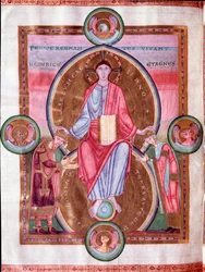 Strona Biblii Cesarza: Chrystus otoczony przez tetramorfa, pomiędzy cesarzem Henrykiem III i jego żoną Agnieszką z Poitou (miniatura