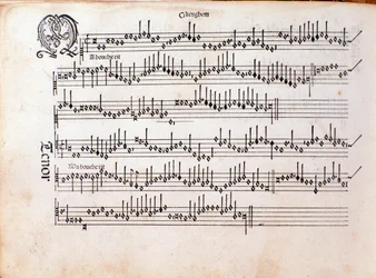 Strona partytury muzycznej Harmonice Musices Odhecaton Ottaviano Petrucciego (1501)