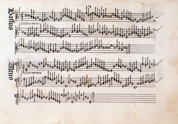 Strona partytury muzycznej Harmonice Musices Odhecaton Ottaviano Petrucciego (1501)