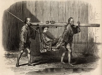 Palanquin korzysta z ludzi, otwarty, użytkownik kładzie swoje rzeczy na dachu, zanim osiedli się, aby wyruszyć w podróż. Rycina ilustrująca podróż do Japonii w latach 1863-1864 autorstwa Aime Humberta, ministra Konfederacji Szwajcarskiej, w „Le tour du mon