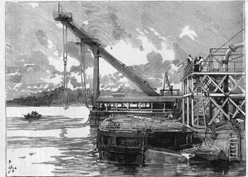 Działa Kanał Panamski. Główne maszyny: ponton Bige. Grawerowanie w „”Le Monde Illustré””