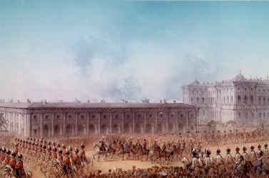Parada z Aleksandrem II przed Pałacem Anetchkoff w Sankt Petersburgu w 1856 roku. Ilustracja Karola Wielkiego (XIX w.) Sankt Petersburg. Zamek Peterhof