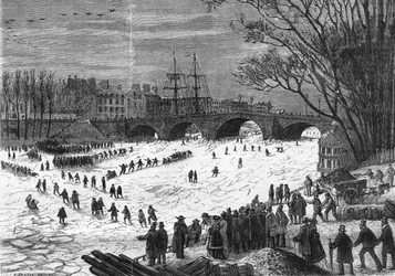 Paryż Styczeń 1868: La Seine złapana przez lód na wysokości Pont - Neuf.