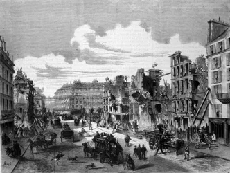 Paryż, rozbiórka rue de la Paix w celu otwarcia rue de Reaumur. 1868. Rycina XIX wieku.