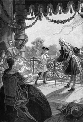Paryż, Tuileries (1721): Król Francji Ludwik XV (1710 - 1774) ukazujący się na balkonie Tuileries. Rycina XIX wieku. W „Histoire de France” Julesa Micheleta