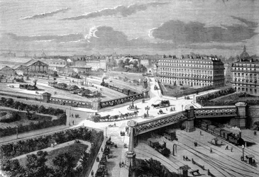 Paryż, nowe miejsce Europy na zachodnich kolejach. 1868. Rycina XIX wieku.