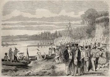Paryscy kajakarze. Regates de Saint-Cloud (Saint Cloud) w 1857 r. Grawer w „Le Monde illustrious” z 1857 r. Ze zbiorów prywatnych.