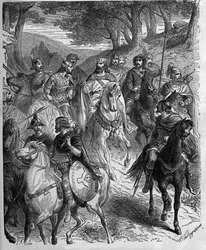 Przejście przez Alpy Karola Wielkiego (747-814), króla franków. Karol Wielki poddaje Longobardom. Grawerowanie w „” Histoire De France En Cent Obrazy Paula Lehugeura „” 1891.