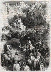 Przejście Maurów przez Pireneje - rycina z 1851 roku z „Orlanda szalonego” (Orlando furioso) (XVI wiek) Ludovica Ariosta - wydanie przełożone z języka włoskiego przez hrabiego de Tressan i opublikowane przez Gustave