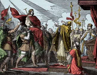Pepin ogłoszony królem Franków - Namaszczenie Pepina Krótkiego (714-768), bazylika Saint-Denis, 28 lipca 754: papież Stefan II konsekrował go na króla Franków i patrycjusza Rzymian (Patricius Romanorum).