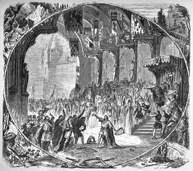 Wykonanie „Tannhausera” Ryszarda Wagnera w Operze Paryskiej w 1861 roku. Ostatnia scena II aktu. Alphonse rysunek Neuville.
