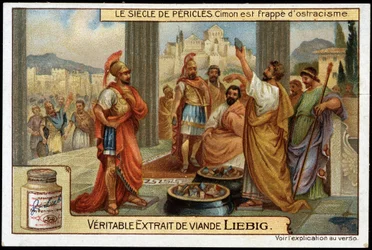 Wiek Peryklesa (495-429 pne): mąż stanu i strategia Cimon (510-449 pne) jest uderzony ostracyzmem, w 461 pne - chromolitografia Liebiga