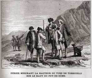 Perier mierzący wysokość barometru (rurki rtęciowej) autorstwa Evangelisty Torricelli lub Toricelli na szczycie Puy-de-Dôme 20 września 1618 r., rycina XIX wiek, kolekcja Bianchetti.