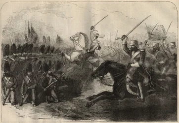 Perska anglo (anglo-perska) wojna (1856-1857): szarża 3. brytyjskiej kawalerii indyjskiej dowodzonej przez kapitana Forbesa podczas bitwy pod Koosh-Ab (Koosh Ab, Kooshab) 8 lutego