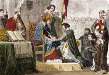 Filip IV Bel (1268 - 1314), król Francji podarował swoją córkę Izabelę Francuską (1295-1358) w 1308 r. w małżeństwie z synem króla Anglii Edwarda II (1284-1327). Grawerowanie w „” Histoire De France Obrazy En Cent autorstwa Paula Lehugeura „” 1891.