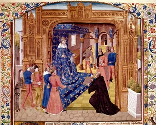 Pierre de Bressuire ofiarowuje swoją książkę Janowi II Dobremu na wyspie Cite in Paris Miniatura z „” Histoire romaine”” (Ad urbe condita) autorstwa Titus Live (59 pne-17 ne) (Titus Livius), przekład Pierre Bressuire (ms. 310) 1450-1500 Chantilly, muza