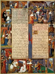 Scena Piete: „”Król Ludwik IX (1214-1270) (św. Ludwik) myjący nogi ubogim, modlący się król i sceny chrześcijańskiego miłosierdzia od króla” „Miniatura z rękopisu” „Księga faktów prałata św. Ludwika”” XV wiek. Paryż, B.N